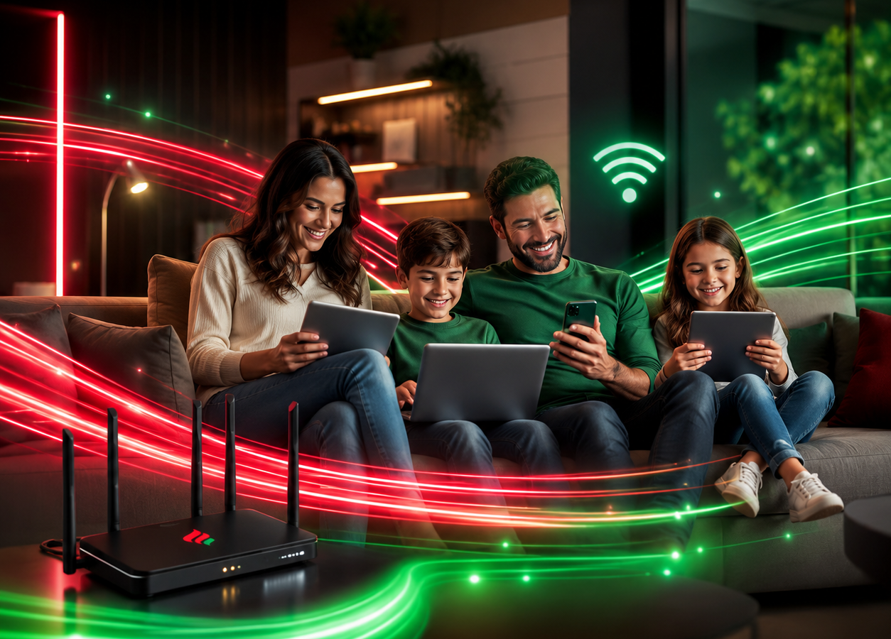 Família conectada em casa com internet Hotlandia